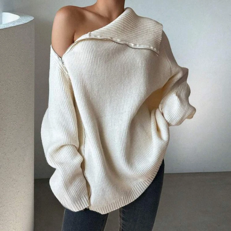 

Sweater Women's Autumn and Winter 2025 Loose Long Lazy Windside Zipper Lapel Sweater