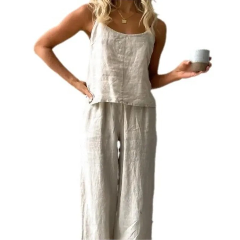 Dames Kleine Geurige Stijl Linnen Jarretel Knop Top Broek Tweedelige Set Zomer Eenvoudig Casual Vest Wijde pijpen Broekpakken