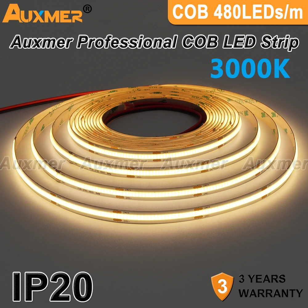 Professional COB 480LEDs/m LED Strip Light, CRI90 High Density LED Ribbon Tape 2700-6500K,IP20, Led Lights for Room DC12V24V