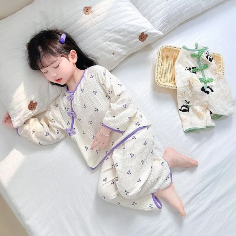 New Chinese Style Girls' Pure Cotton Gauze Home Suit Set Children Pajamas Two-piece Set Baby Girl Spring Autumn Sleepwear ZJ13