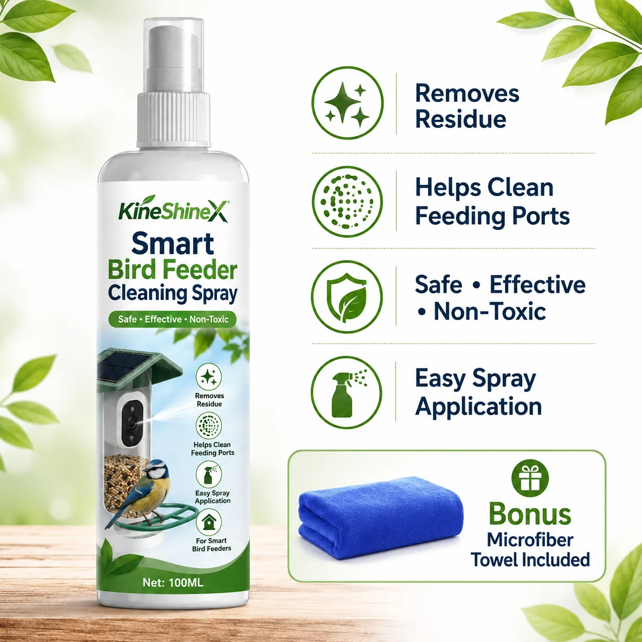 100ml Bird Feeder Cleaning Spray with Towel, Smart Bird Feeder Cleaner for Feeding Ports, Seed Trays, Perches & Camera Housing