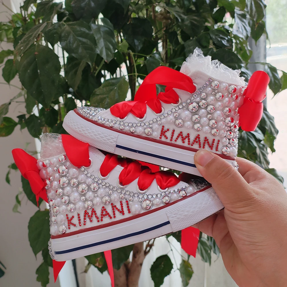 Christmas Handmade Name Custom Design Rhinestones Girls Womens Kids And Mother Canvas Shoes Pearls Sneakers For Birthday Party