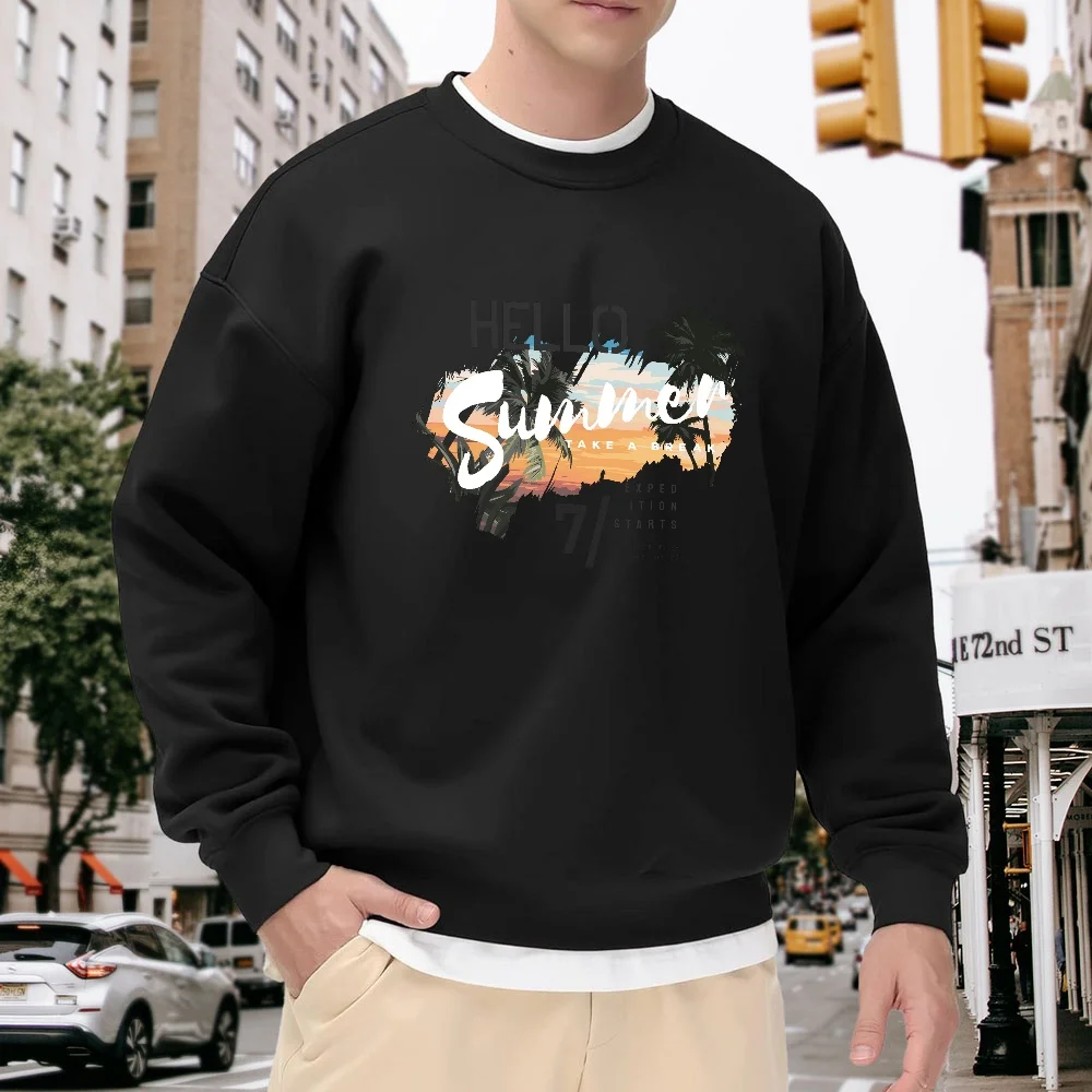 

Men's Black Crew Neck Loose Sweatshirt, Summer Sunset Coconut Tree Print Casual Top, Street Fashion Versatile Style, Comfortable and Breathable, Suitable for Daily Outings and Sports