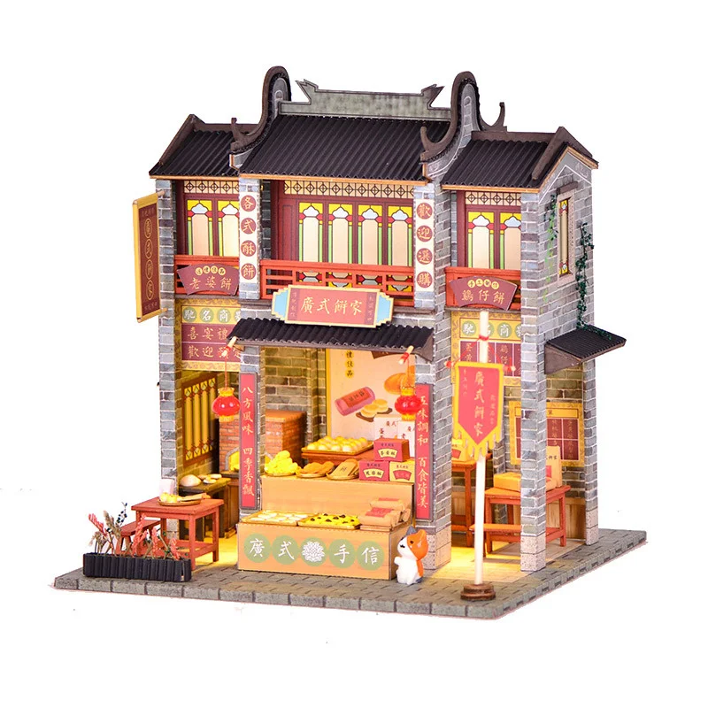 DIY Wooden Doll House Chinese Miniature Building Kit BBQ Breakfast Shop Dollhouse With Furniture Light Toys for Girls Gifts