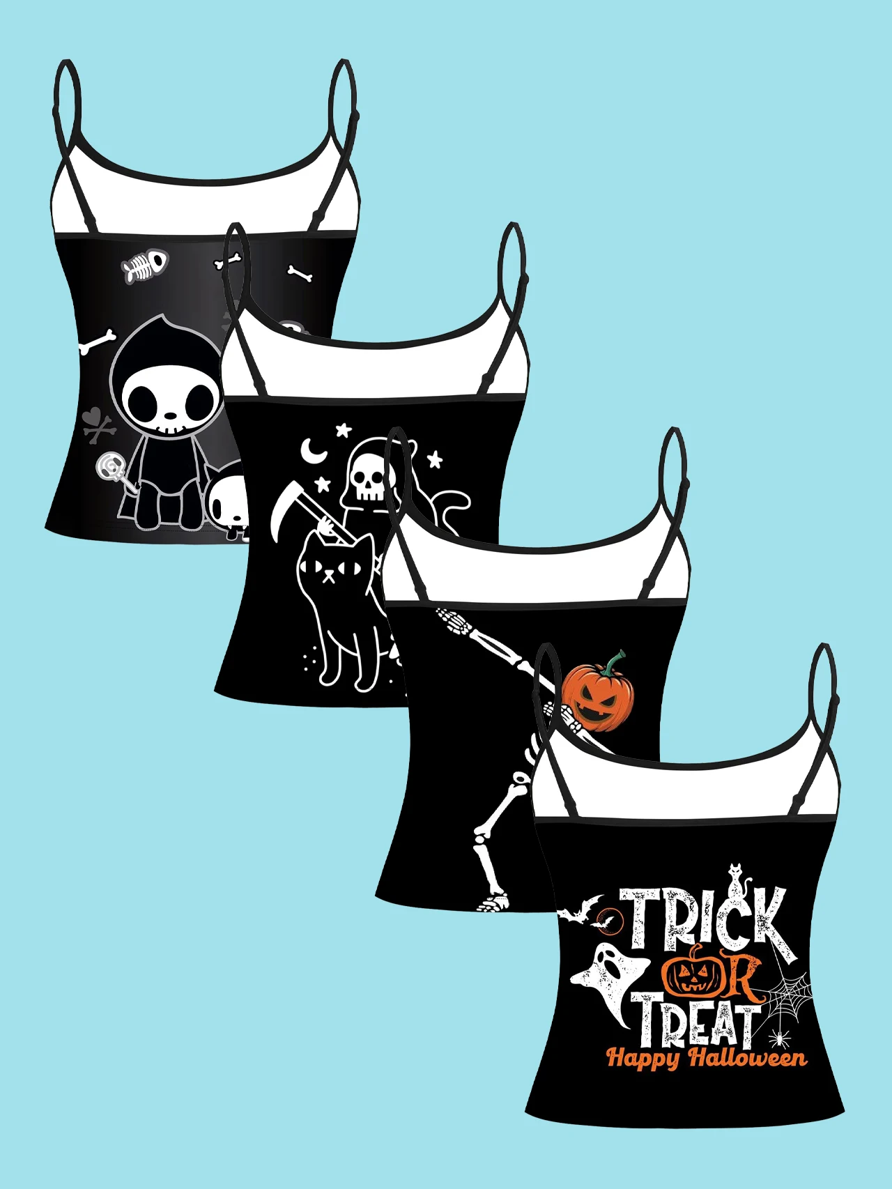 4-Pack Halloween Cartoon Skeleton, Grim Reaper, Cat Women's Camisole Tops with Fishbone, Grim Reaper Kitten, Dancing Skeleton, Trick-Or-Treat Ghost, Bat, Pumpkin Print, Slim-Fit Spaghetti Strap Short Camisole Tops