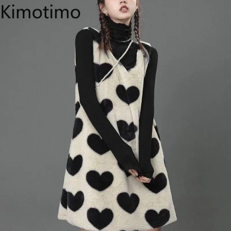 Kimotimo Autumn Winter Heart Printed Fur Dress Women Korean Sweet V Neck Sleeveless Overlap A-line Mid Length Base Dresses Ins