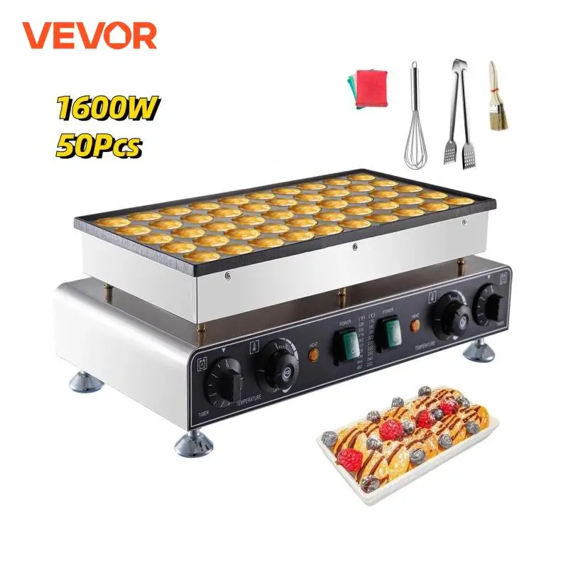 VEVOR Máquina de Gofres, Acero Inoxidable, Máquina para Hacer Magdalenas, Control Dual de Temperatura y Tiempo, Máquina para Hacer Crepes, 1,7KW, para Restaurantes, Cafetería, Tienda de Bebidas