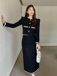 New Korean Fashion Formal 2 Piece Outfit Women Ladies Mujer Elegant Short Coat Tops Jacket Outwear And Long Skirt Slim Black Set