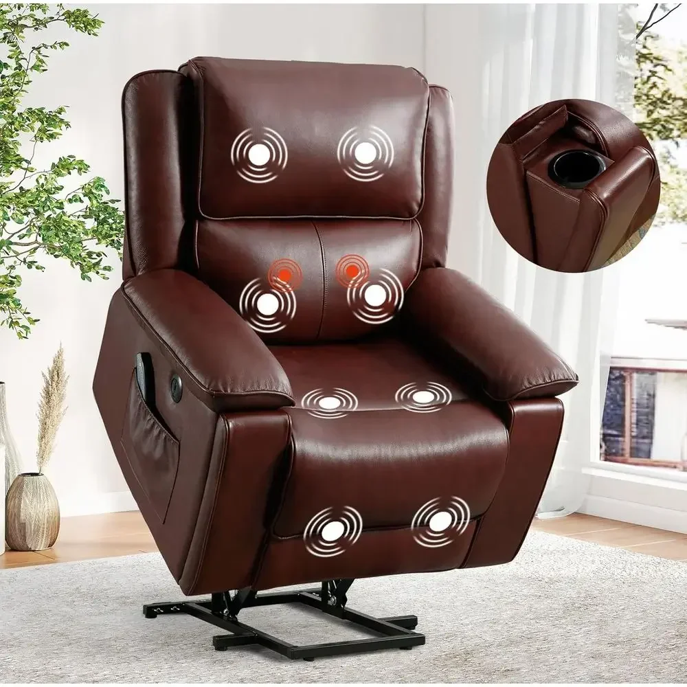 Leather Power Recliners with Massage, Heat, Cup Holders, and USB Port for Comfortable Living Rooms
