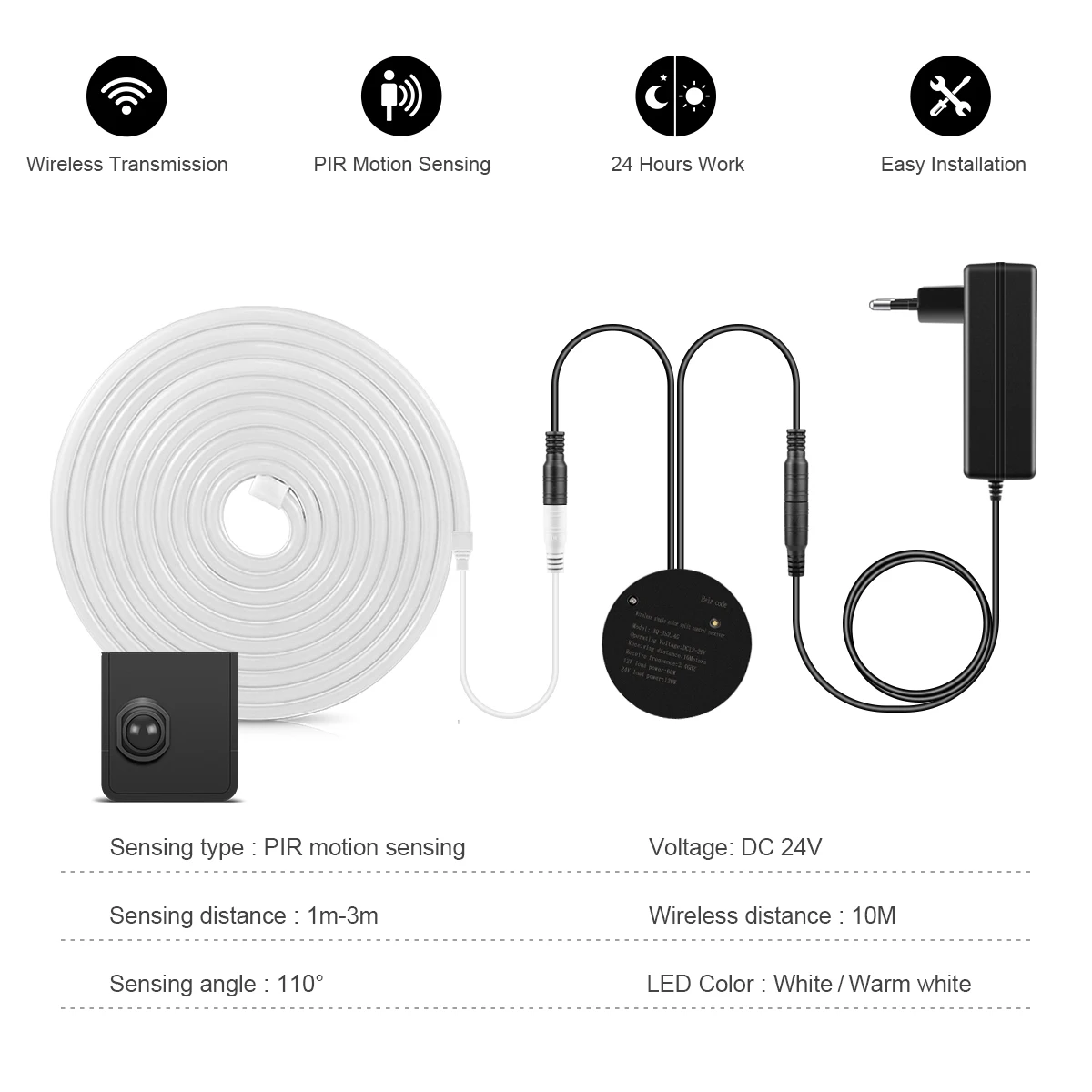 PIR Motion Sensing LED Neon Strip 24V High Quality Silicone Tube Night Light Detection Range 3m Smart Sensor for Stair Carridor