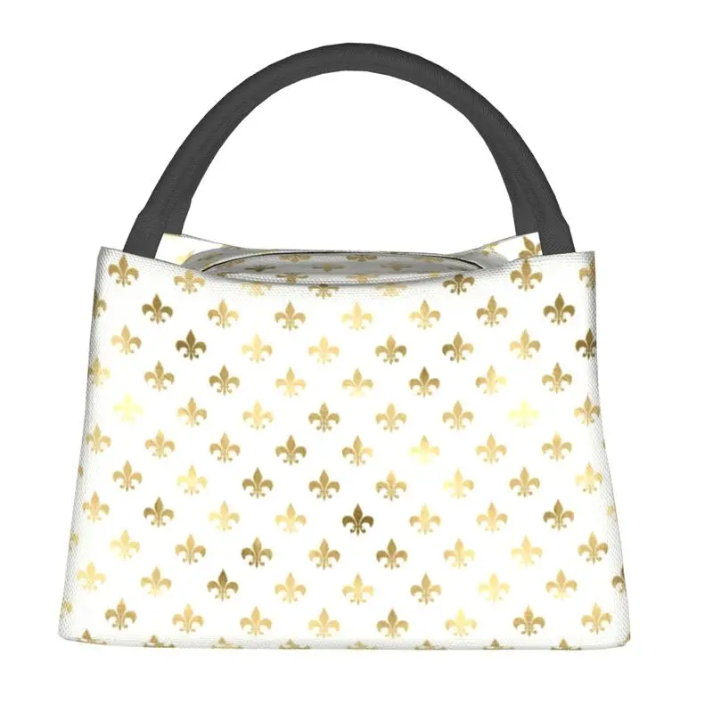 Elegant Gold And White Fleur De Lis Pattern Insulated Lunch Bags for Camping Travel Lily Flower Resuable Bento Box Women