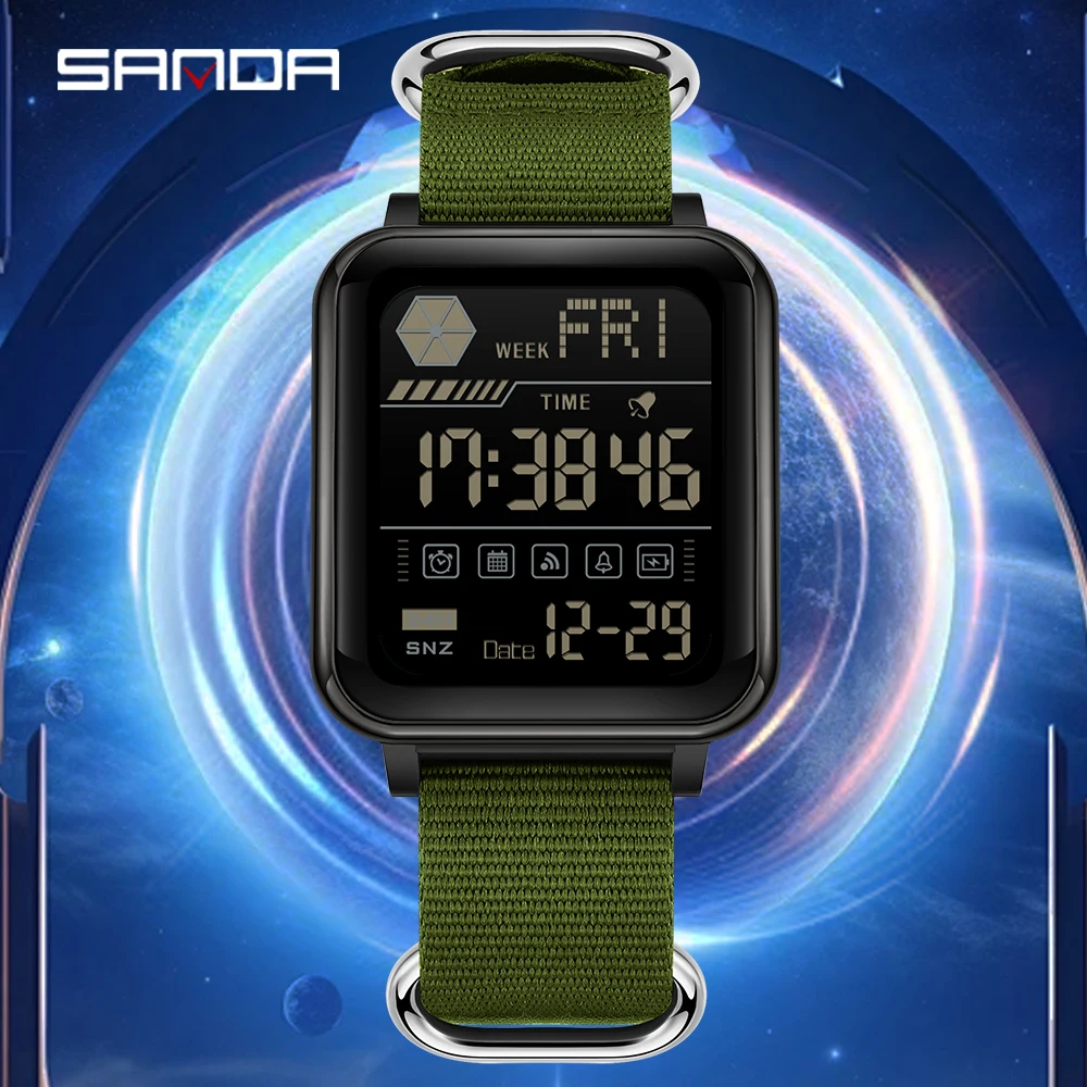 SANDA Youth Sports Electronic Watch for Men and Women 5ATM Waterproof Multi Functional Ultra Thin Couple Watch Nylon Strap