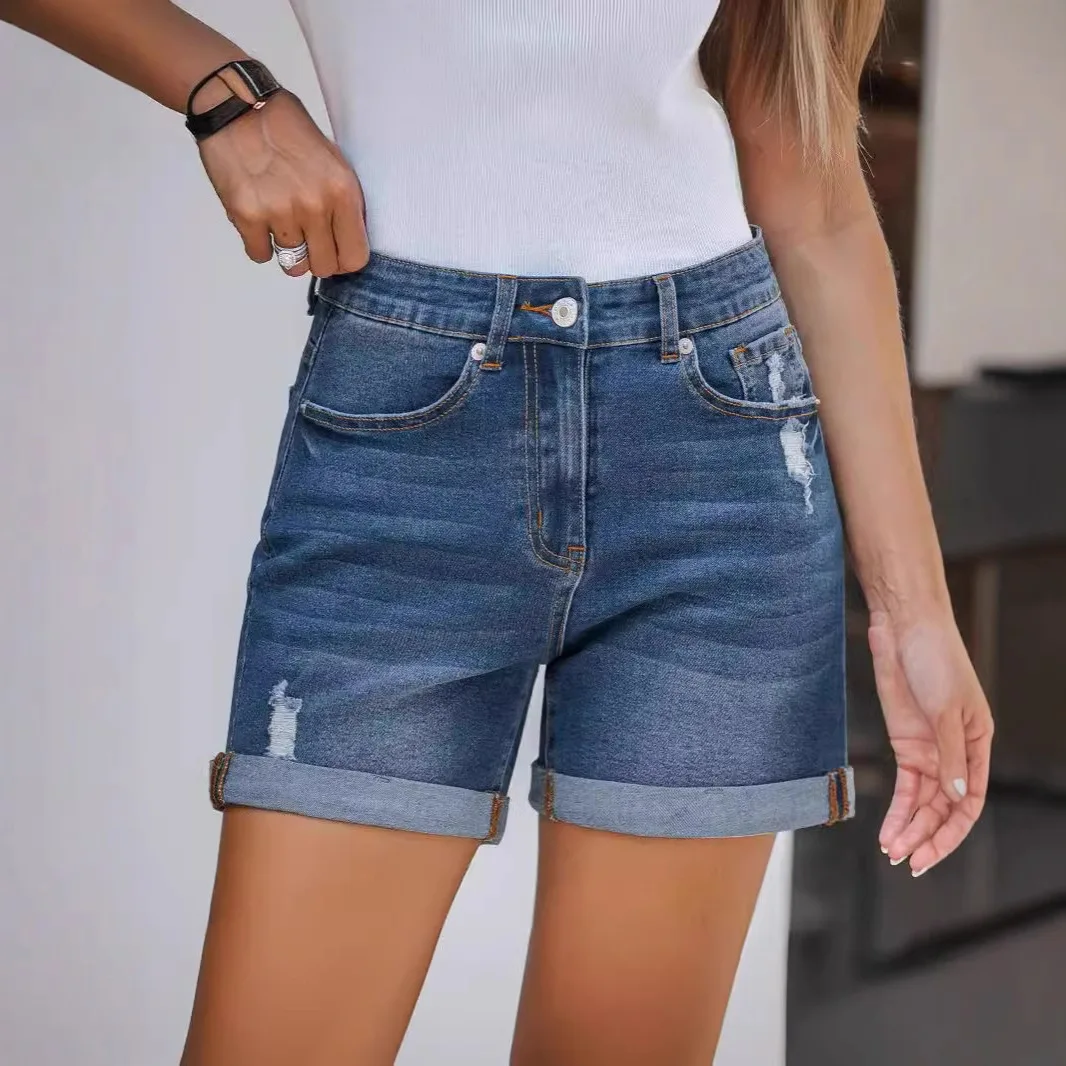 Women's Summer Slim Fit Straight Leg Distressed Cuffed Denim Shorts High Waist Cotton Stretch Commute Style Fashionable
