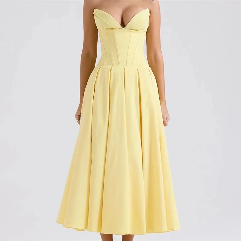 

LAYXHS Yellow Formal Evening Dresses Sweetheart Low Neck A-Line Pleat Tea-Length Prom Dresses Customized فساتين سهرة