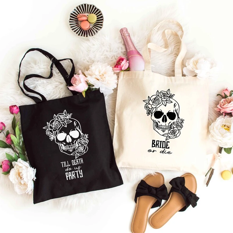 

Bride or Die Death Do Us Party Black White Tote Bag Halloween Bachelorette Party Decoration Gift Wedding Bridesmaid Bride Gifts