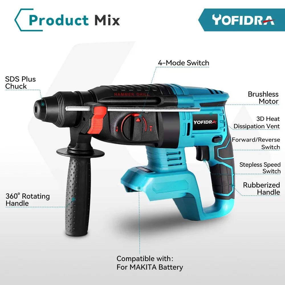 Yofidra 브러시리스 전기 해머 드릴, 무선 다기능 전기 픽 로터리 도구, Makita 18V 배터리용, 26mm