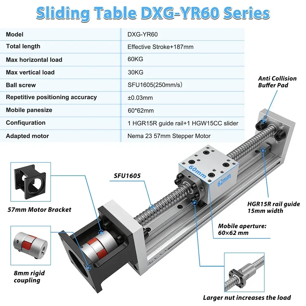 Nema 23 Linear Motor Kit 60Kg Load Narrow Linear Guide Rail Table Aluminum Ball Screw Slide Table Double Bearing HGW15CC Slider