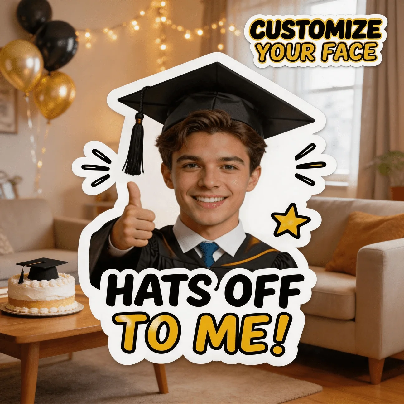 Custom Photo Graduation Shaped Pillow, Personalized Face in Cap And Gown with Thumbs Up Decorative Cushion, 70CM Home Decor Acce
