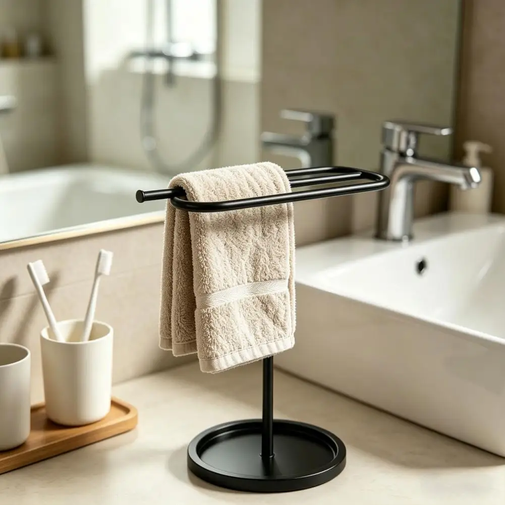 

Iron Towel Rack Iron Countertop Freestanding Bathroom Towel Rack with Storage Tray Anti-Rust Bathroom Rack for Home Hotel