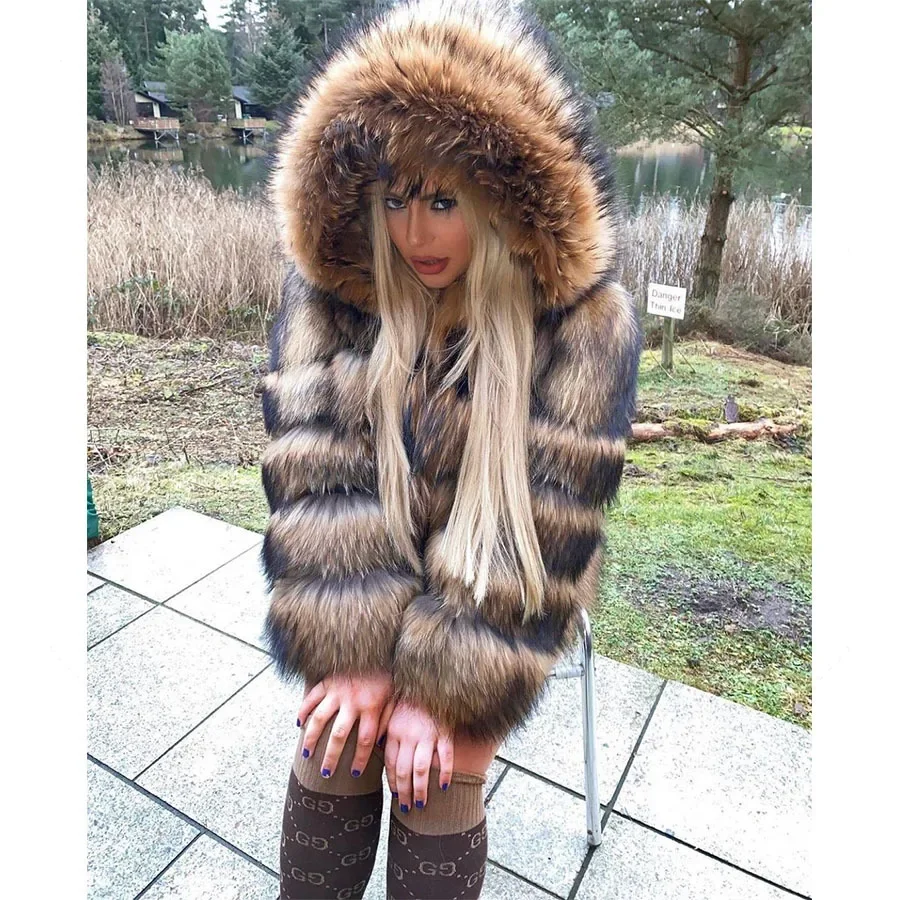 Super Hot Winter Frauen Luxus Dicke Echt Waschbären Pelzmantel Natürliche Fuchs Pelz Jacke Plus Größe Pelzigen Jacken Weibliche Weste