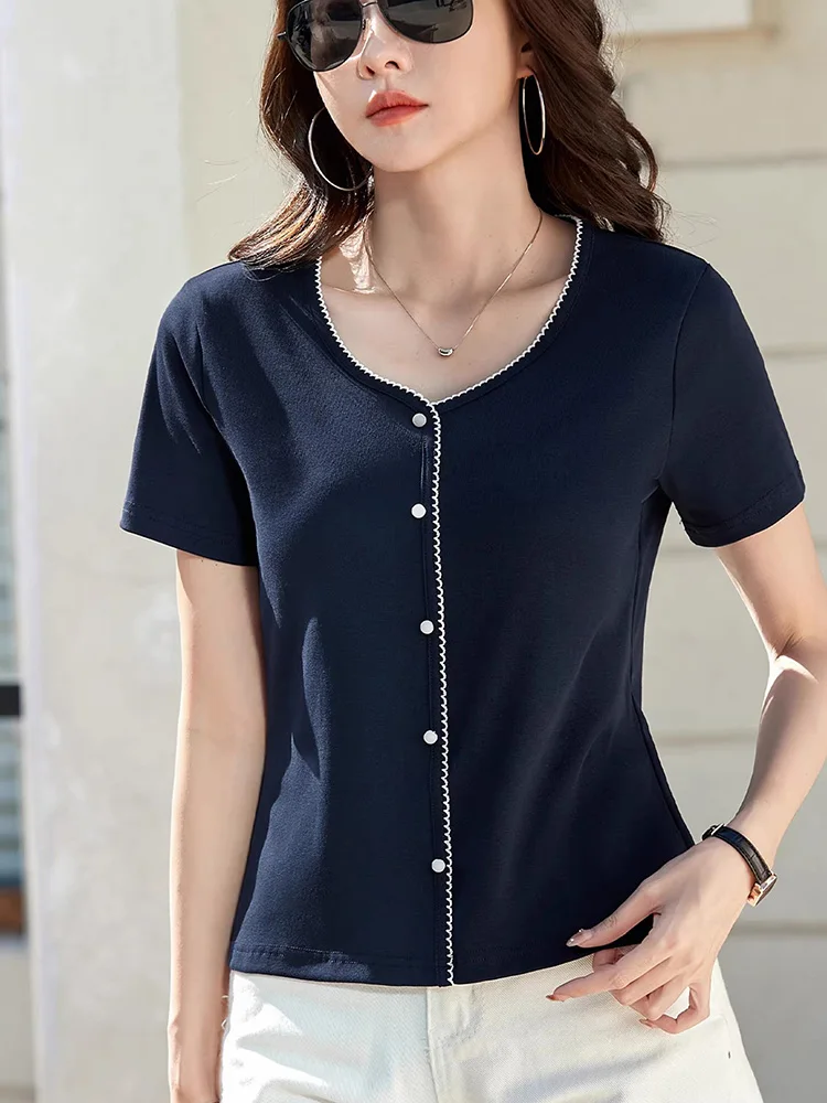 New Women Short Sleeve T-shirt Summer Fashion V-Neck Contrast Color Patchwork Slim T-shirt Simplicity Casual Pullover T-shirt