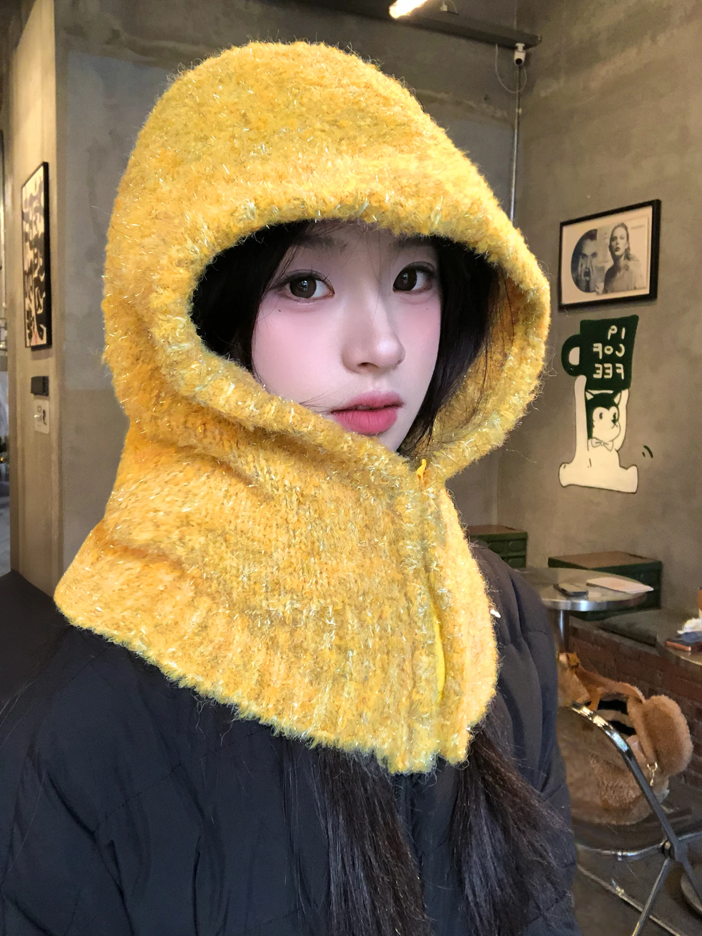 Yellow Knitted Balaclava Hat with Zipper for Women Winter Warm Ear Protection Face Slimming  Scarf Integrated Casual...