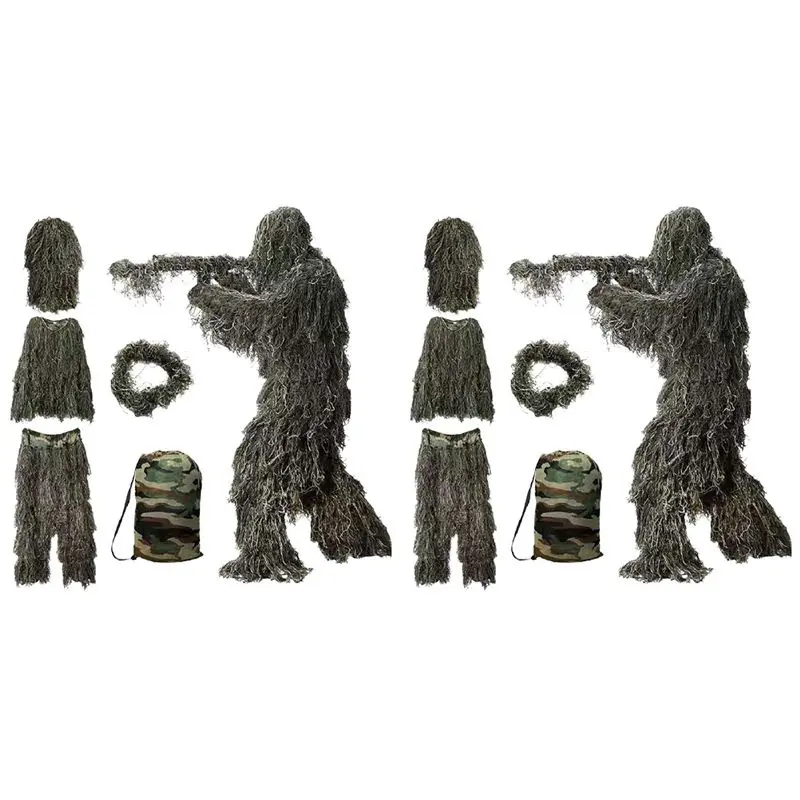 AEF6-2X 5 In 1 Ghillie Suit,3D Camouflage Outdoor Hunting Apparel Including Jacket,Pants,Hood,Carry Bag For Adults Kids Youth