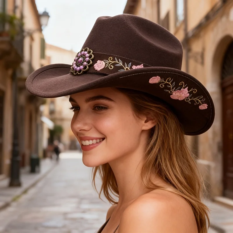 Women British Felt Cowboy Hat Pink Turquoise Embroidered Leather Belt Decoration Flowers Patch Trimmed Jazz Hat Celebration
