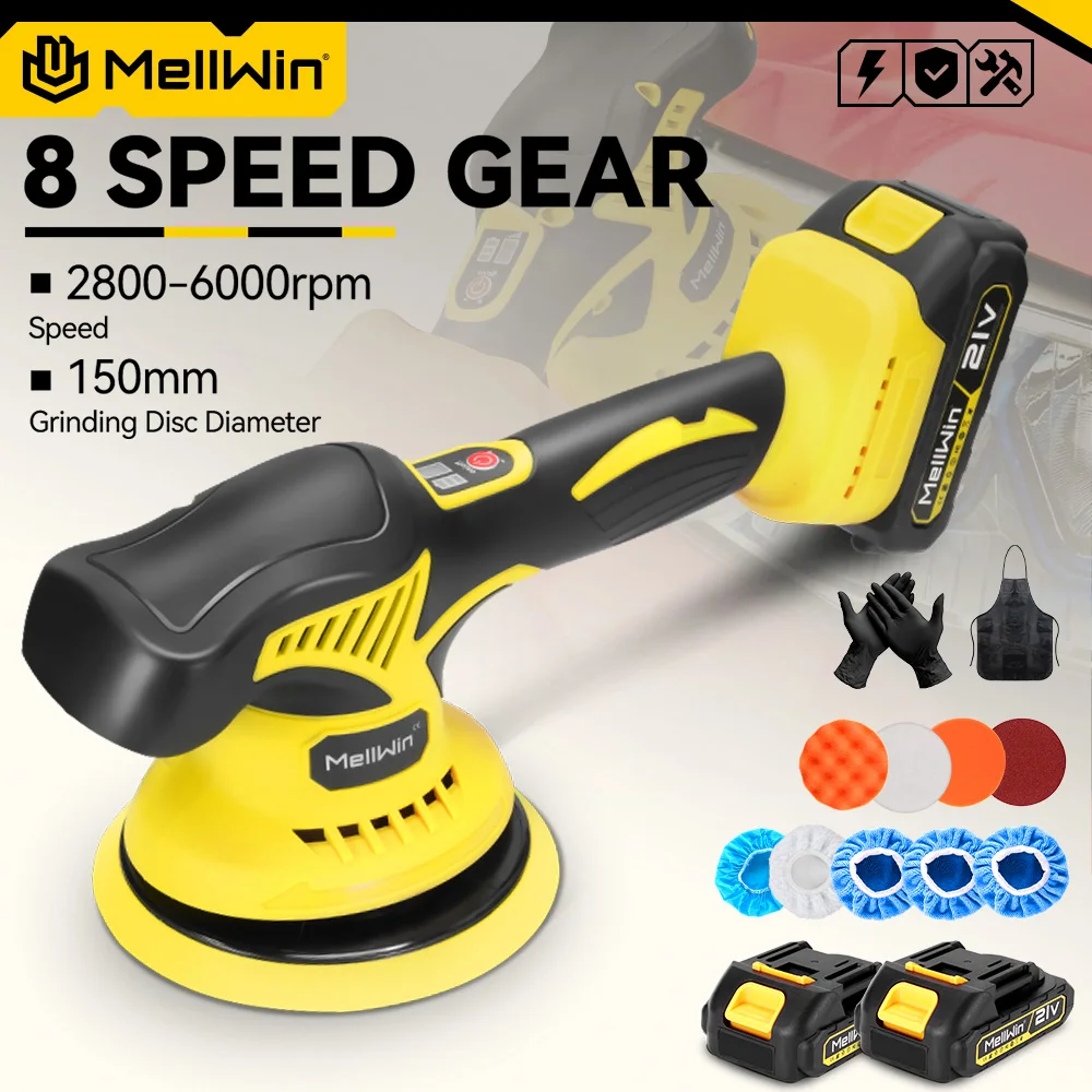 MELLWIN 150mm Kabelloser Elektrischer Polierer 8-fach Einstellbares Auto-Polier-, Wachs-, Schleif-, Versiegelungs- und Glasurwerkzeug für Makita 18V Akku
