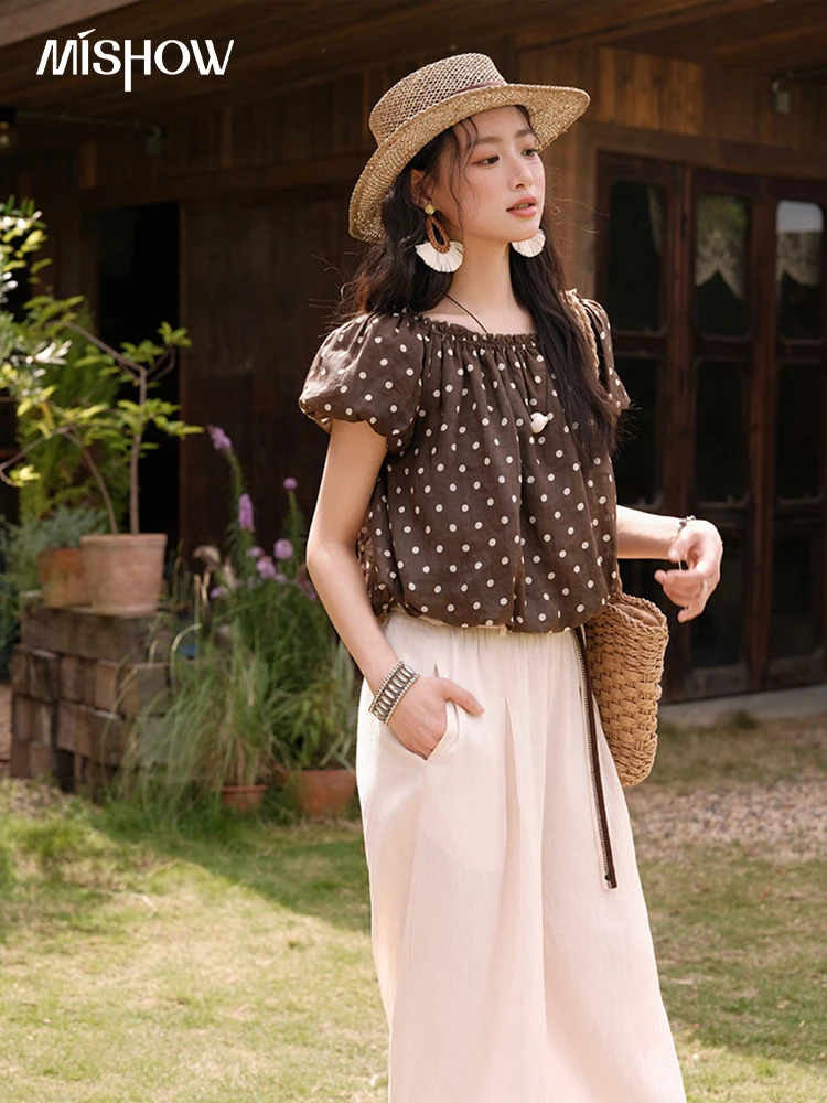 MISHOW Set Dua Potong Wanita Blus Lengan Puff Satu Bahu Polka Dot Fashion Musim Panas 2025 Set Celana Kaki Lebar Kasual MXE38T0683