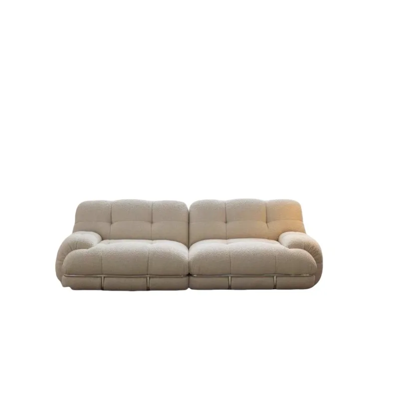 

Sofa French cream style designer simple straight row three-person lamb wool fabric