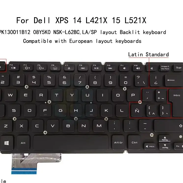 Backlit Latin Layout Laptop Keyboard Compatible With Dell XPS L421X L521X 8Y5K0 08Y5K0 NSK‑L62BC Notebook Replacement Accessory