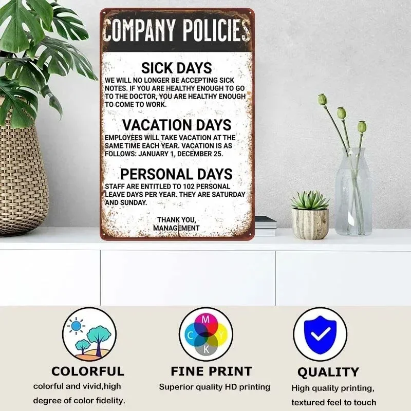 Metal Signs Metal Wall Art Mural COMPANY POLICIES WORKPLACE Tin Signs Retro Decoration Bedroom Vintage Home Decor Items Poster