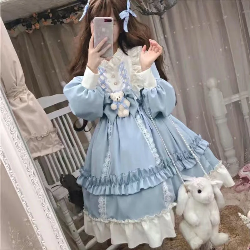 

Sweet Lolita Dress Harajuku Long Sleeve Elegant Cute Waist Tie Spring Summer Student Skirt 2026