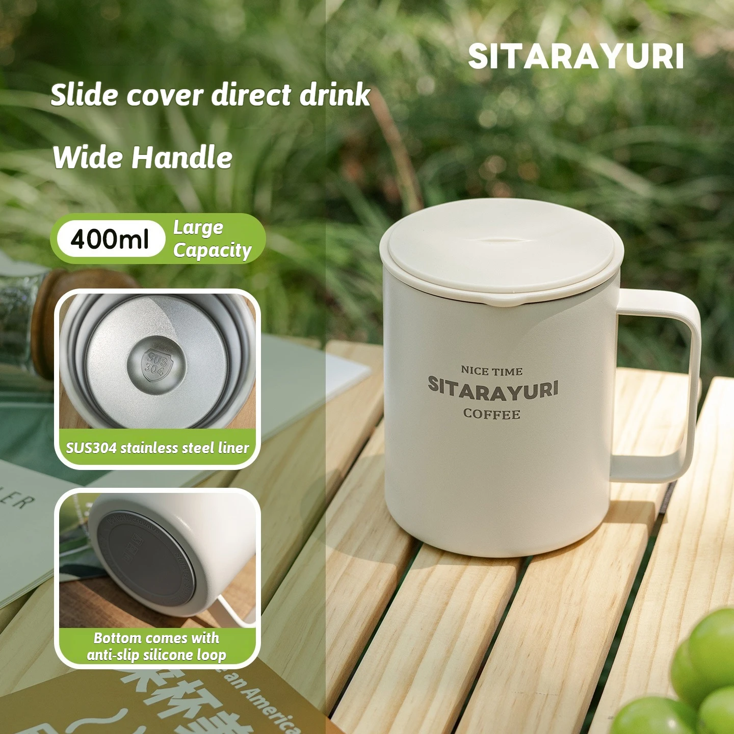 

400ml Large Capacity Thermal Cup Portable Water Cup Mug Stainless Steel with Slide Lid Wide Handle for Office Outdoor Camping