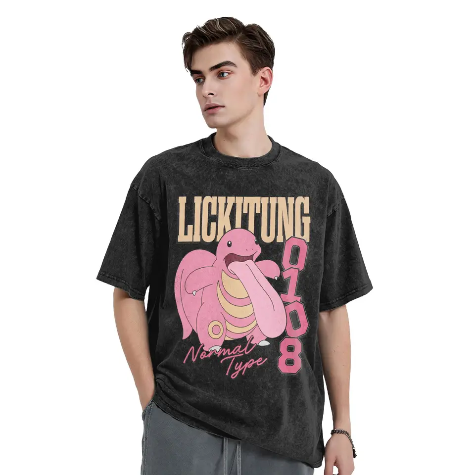 Pokemon Lickitung Washed T Shirt Male Street Style Casual T Shirts