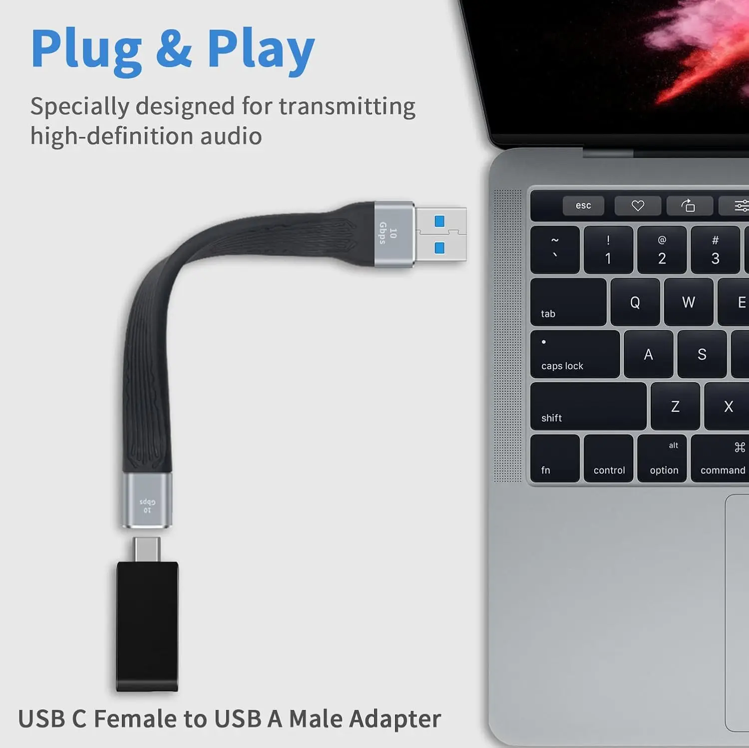 Cable adaptador USB C hembra A USB A macho, cargador, plano suave, corto, 10gbps