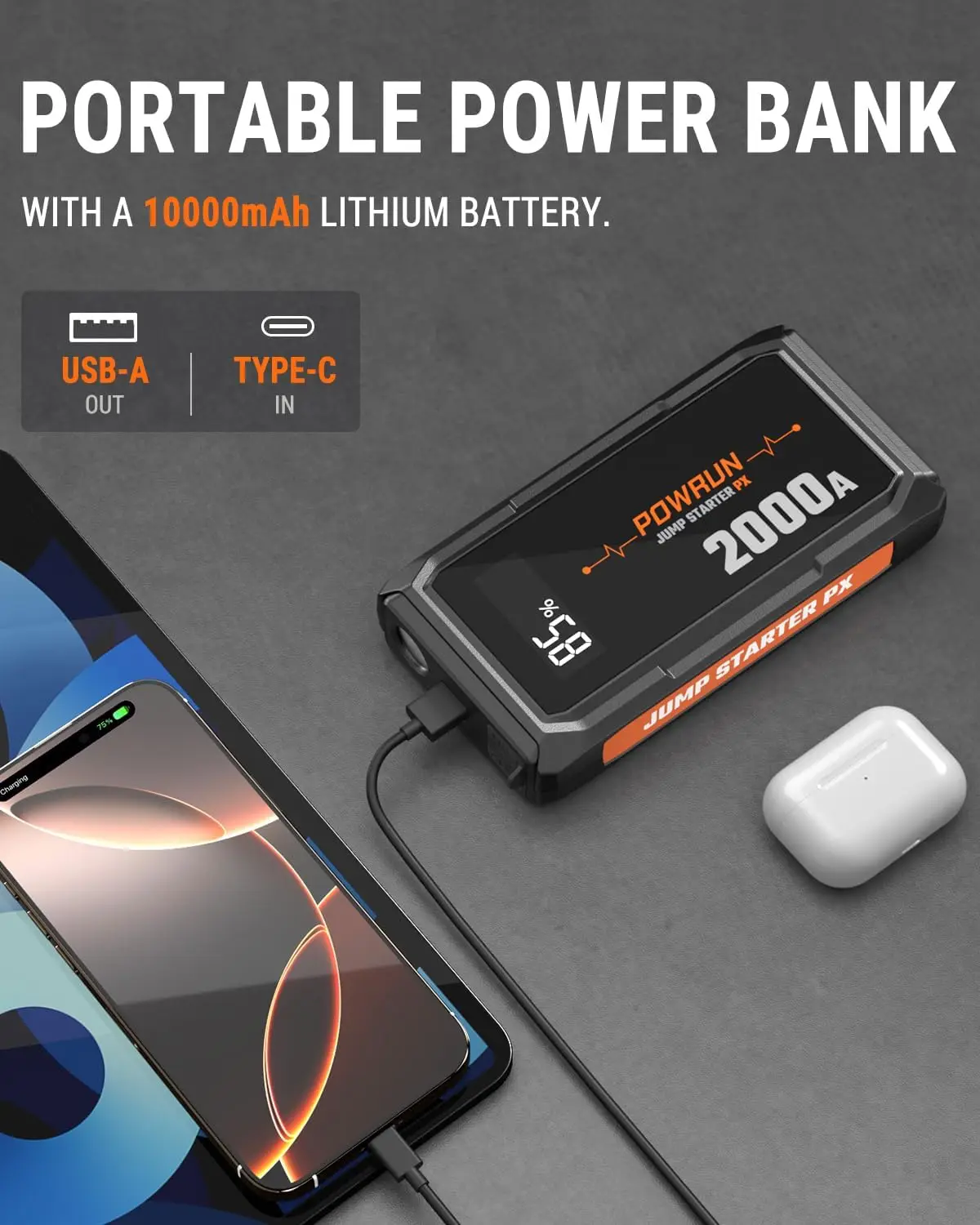 P-X 2000A Jump Starter، حزمة بطارية محمولة 12 فولت للغاز 6.0 لتر وديزل 5.0 لتر، مع حقيبة حمل #5