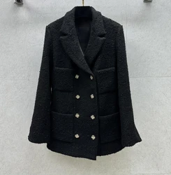 Abrigo de Tweed negro con doble botonadura para mujer, chaqueta de mezcla de lana de alta calidad, con bolsillos, a la moda, para otoño e invierno, novedad de 2023, C579