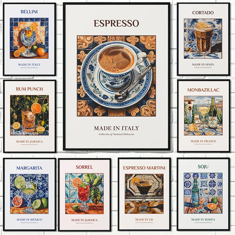 Retro World Beverage Cocktail&Coffee&Wine Espresso Margarita Nordic Drinks Poster Canvas Painting Wall Pictures Bar Home Decor