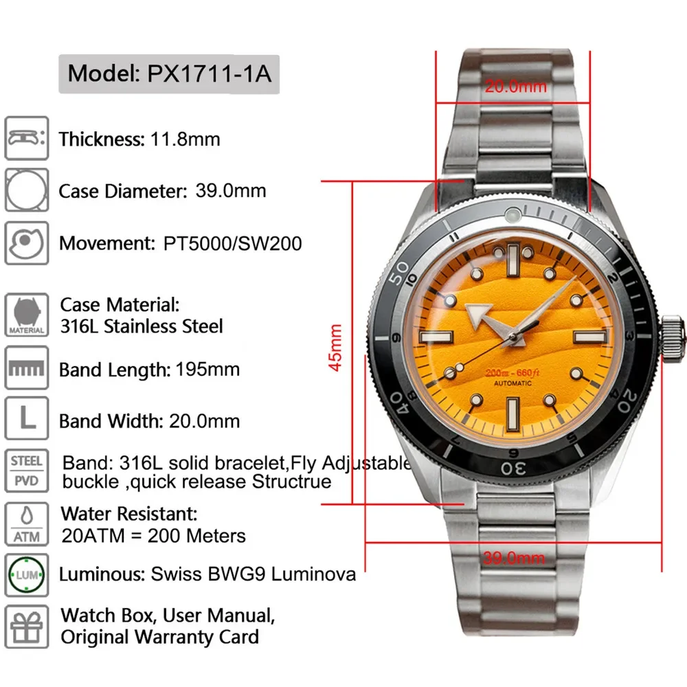 Proxima PX1711-1A Men\'s Watch Sand Dial 39mm Automatic Mechanical Watch 316L Stainless Steel Dome Sapphire Glass Wristwatches