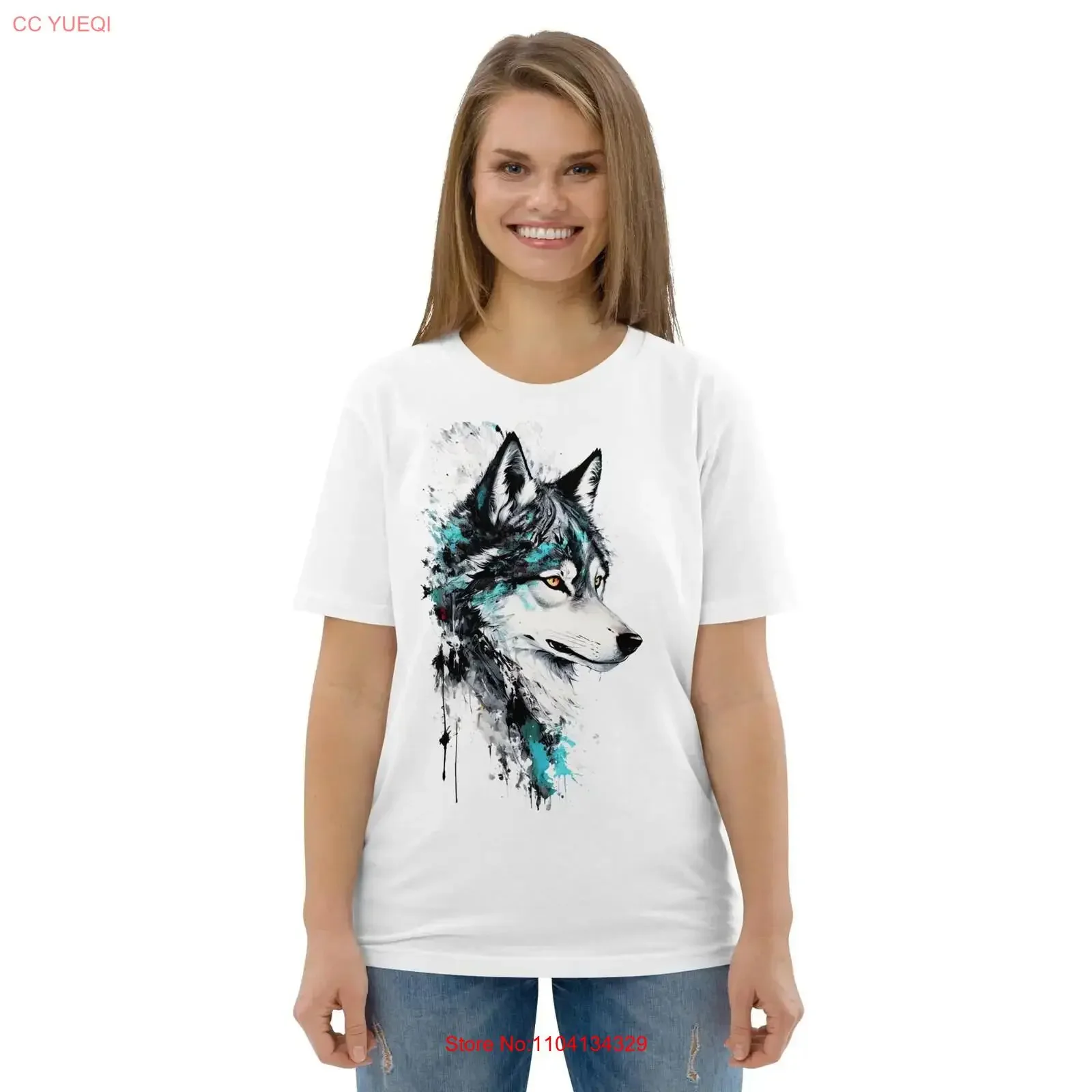 Mystical Organic Cotton T shirt with artistic wolf design in turquoise colors vintage Washed Top For Everyday Wear Breathable