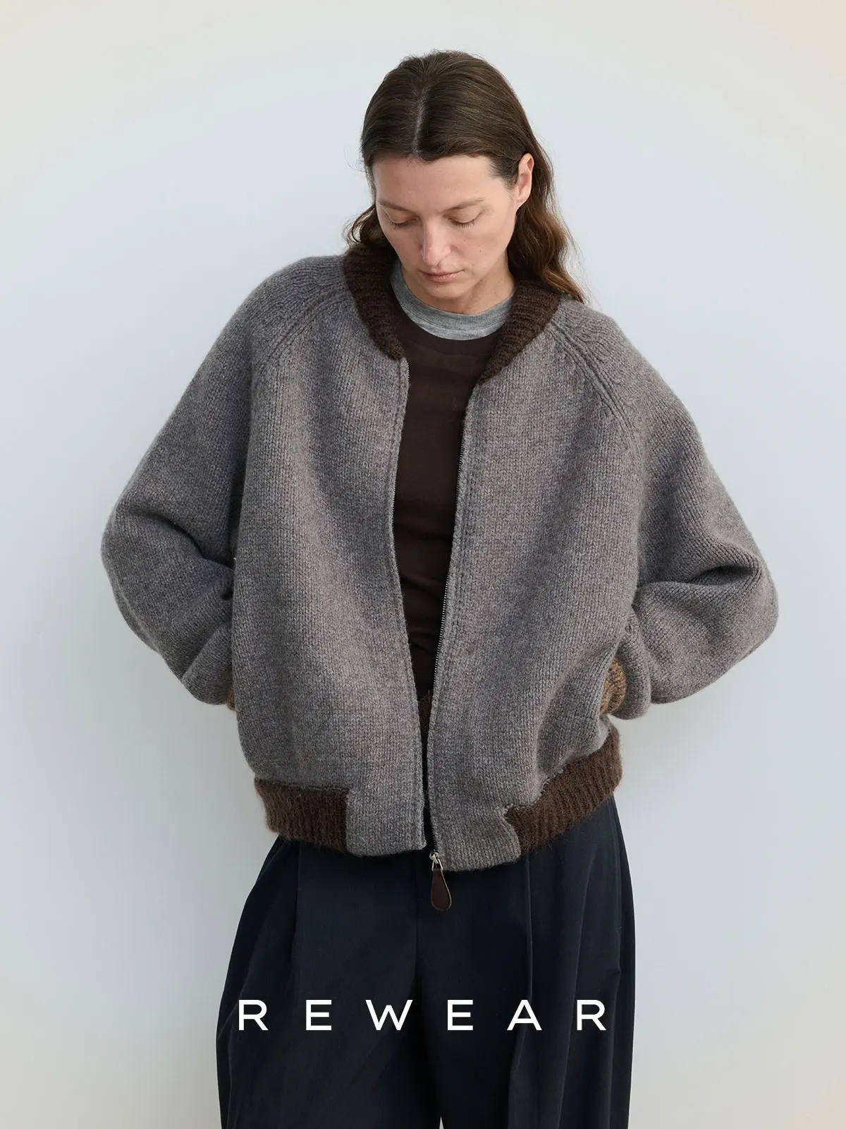 

REWEAR Ультратонкий кардиган из мериносовой шерсти на молнии, классический ретро-стиль, с воротником-бомбером, женский, свободного кроя, зимний модный топ