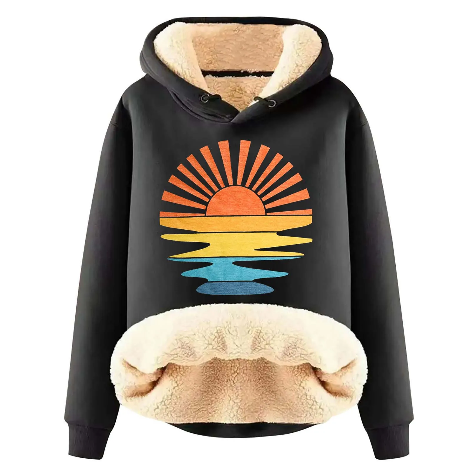 Sunrise Print Lamb Wool Hooded Sweatshirt Jacket Winter Thick Woolen Warm Pullover Women Loose Fit Casual Comfort Hoodies