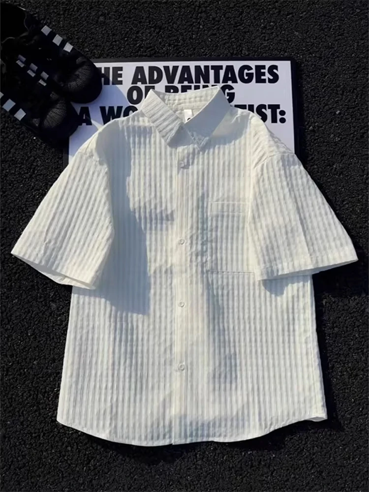 

White Textured Bubble Shirt Loose Half Sleeve Breathable Casual Style for Couples Summer Wear Short Sleeve Men's Shirt