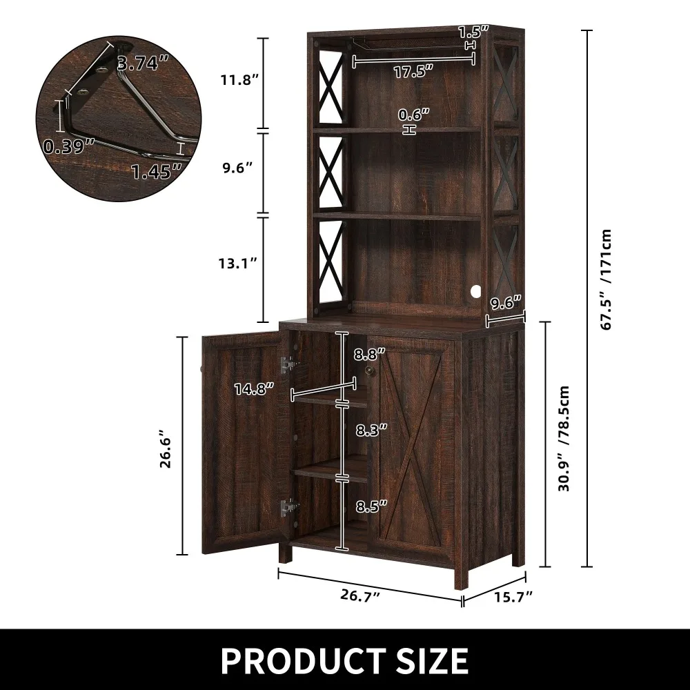 Armario de despensa de cocina de granja de 67 "H con puerta, armario de Bar para licor y vasos, almacenamiento independiente, armarios para vino microondas