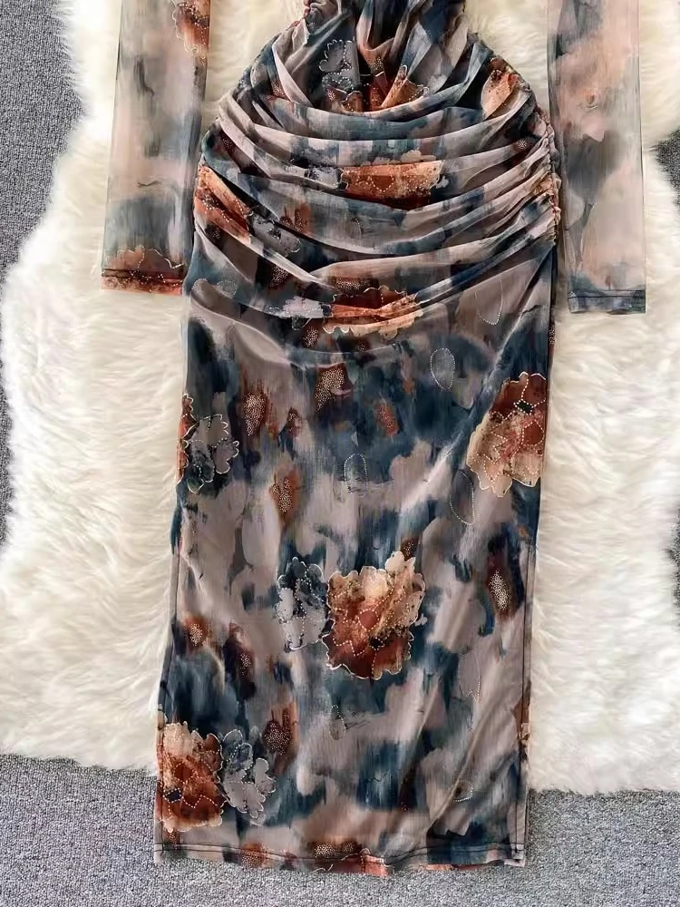 Women Printed Floral Dress Spring Summer Square Neck Long Sleeved Bodycon Dresses Ladies Pleats Slim Elegant Slit Long Robe