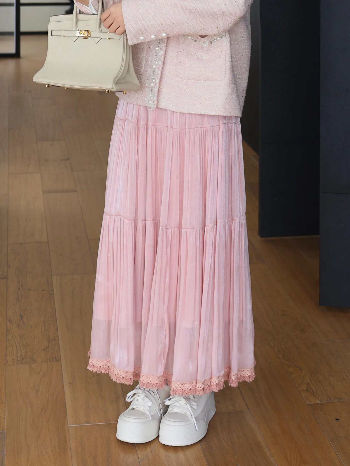 

Fang f-Skirt High Waist Draped Slimming Pink Tassel Hem A-Line Skirt Commute Sle Pure Color Ladies High Waist Polyester ...