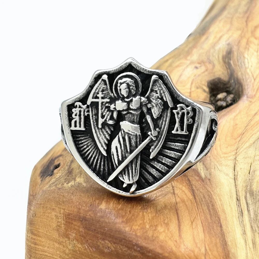 St. Michael Solid Ring For Man 316L Stainless Steel Jewelry Angel Ring Size 7-13