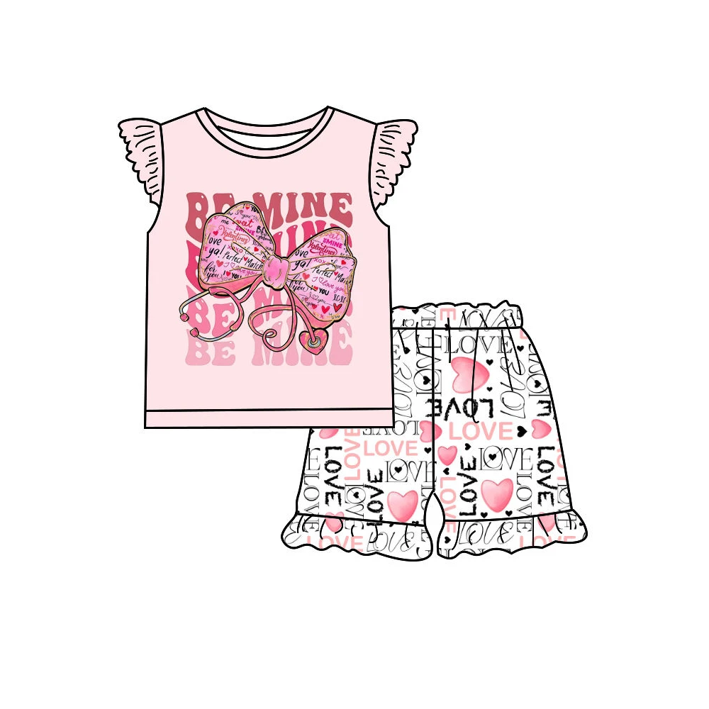 High Quality Summer Girls Valentine's Day Heart-Shaped Pattern Short-Sleeved Ruffled Pleated Shorts Sets